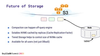 Future of Storage
tablet
Node
■ Compaction can happen off-query engine
■ Sstables NVME-cached by replicas (Cache-Replication-Factor)
■ Tiered Storage helps to control size of NVMe cache
■ Available for all users (not just DBaaS)
 