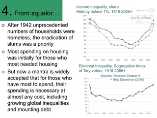 Income Inequality, share
4. From squalor…                   Held by richest 1%, 1918-2005+


   After 1942 unprecedented
    numbers of households were
    homeless, the eradication of
    slums was a priority
   Most spending on housing
    was initially for those who
    most needed housing             Electoral Inequality, Segregation Index
   But now a mantra is widely      of Tory voters, 1918-2005+
                                                Sources: ‗Injustice‘ Chapter 5
    accepted that for those who                       + New Statesman (2010)
    have most to spend, their
    spending is necessary at
    almost any cost, including
    growing global inequalities
    and mounting debt
 