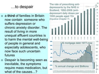 The rate of prescribing anti-
        …to despair                  depressants by the NHS in
                                     Scotland, 1992-2006 (anti-
                                     depressant daily doses per
   a third of families in Britain   1000 people aged 15+
    now contain someone who          (Injustice Chapter 7)

    suffers depression or
    chronic anxiety disorder. The
    result of living in more
    unequal affluent countries is
    to harm the mental well-being
    of people in general and                    US mortgage debt 1977-now
    especially adolescents, who
    now face such uncertain
    futures
   Despair is becoming seen as
    inevitable, the symptoms
                                           % annual change and $billions
    require mass medication, but
    what of the causes…?
 
