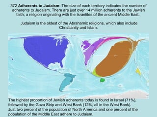372  Adherents to Judaism : The size of each territory indicates the number of adherents to Judaism. There are just over 14 million adherents to the Jewish faith, a religion originating with the Israelites of the ancient Middle East.   Judaism is the oldest of the Abrahamic religions, which also include Christianity and Islam. The highest proportion of Jewish adherents today is found in Israel (71%), followed by the Gaza Strip and West Bank (12%, all in the West Bank).  Just two percent of the population of North America and one percent of the population of the Middle East adhere to Judaism. 