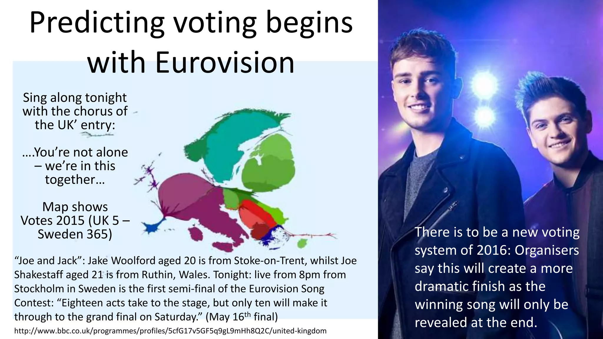 Predicting voting begins
with Eurovision
“Joe and Jack”: Jake Woolford aged 20 is from Stoke-on-Trent, whilst Joe
Shakestaff aged 21 is from Ruthin, Wales. Tonight: live from 8pm from
Stockholm in Sweden is the first semi-final of the Eurovision Song
Contest: “Eighteen acts take to the stage, but only ten will make it
through to the grand final on Saturday.” (May 16th final)
http://www.bbc.co.uk/programmes/profiles/5cfG17v5GF5q9gL9mHh8Q2C/united-kingdom
Sing along tonight
with the chorus of
the UK’ entry:
….You’re not alone
– we’re in this
together…
Map shows
Votes 2015 (UK 5 –
Sweden 365) There is to be a new voting
system of 2016: Organisers
say this will create a more
dramatic finish as the
winning song will only be
revealed at the end.
 