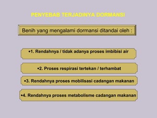 PENYEBAB TERJADINYA DORMANSI

Benih yang mengalami dormansi ditandai oleh :


   •1. Rendahnya / tidak adanya proses imbibisi air


       •2. Proses respirasi tertekan / terhambat

 •3. Rendahnya proses mobilisasi cadangan makanan


•4. Rendahnya proses metabolisme cadangan makanan
 