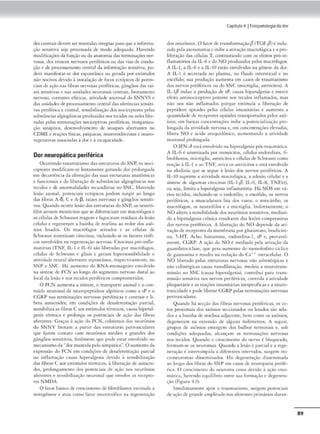 <lcs ccncrnis<k.-v('m ser m:;mtidas Íntegras paraque a informa-
ção sensiriva seja processada de modo adequado. Havendo
modificaçõesda função ou da anammiadas terminações ner-
vosas, dos troncos nervosos periféricos ou das vias de condu-
ção e de processamento ccncraJ da informação scn.sitiva1 po-
dem manifesrnr-sc dor espontânea ou gcnda por estímulos
não nocivos devido l inst.1lação de focos cctópécos de pocen-
ciais deaçio nas fibras nervosas pcrif~ricas, gànglios cla.s raí-
zes ~nsit1vas e na) unidades neuronais cerurais. brotamento
nervoso, correntes efáricas, atividade anormal do SNNVS e
das unidadesdt pto«-ssamento Ct"ntral das :,fen:ncias sensiti-
,·as periférica l' central, srosjbi.li.iação dos noôceptores pelas
subsr-jncias al.giogênicas produztdas nostecidos ou neles libe-
radas pc,la.s cermm~õcs nocittpciva,1; pcnffricas, rcorgamza-
çiio sináptica, dc.·sc1wolv1menco de sinapses abermnu.'$ no
CDJ•IE: e reações fl!icas. psíquicas. ncurocnd6crinas e neuro•
vegetativas ;u.sociaJas à dor e à 1ncapactd.k;le.
Dor neuropática periférica
Ocorrendo lraumarismo das eslnuuras doSNP, os noci•
cq,rores modificant•se len•nmentc: ,gemodo <lor prolongad:t
em decorrência <la alteração d.1$ suas rsuuwras an.uômicas
e fun<.:;ouJis e d.1 libernç-Jo de sul»c;'iodJ.). ulgiogc:flit,lSnos
tecidos e <lc anormalidades sccunc:h,rias no SNC. Havendo
lesio axonal. potenciais ectópicos podem surgir ao longo
Jas fibras A·Õ, C e 1
 -~1raízes nen;osas e gânglios sensiti•
vos. Quandoocorre lesãodas estruturas do SNP, os neutró-
filos atraem monócttos que se diforcnc1am cm macr6fagos e
tlS células deSclnvann re;igcm e fagoc,cam res1duos da lesão
cdular e regeneram a bainh3 dt mtelina ao redor dos axô-
nios lesados. Os macrófogos ativodos e os ctlulos de
Schwann sintetizam cit<Xinru:, incluindo-se os farnr~ crófi.
cos envolvidos na regeneração nervosa. Cirocinas pró•iníla•
matórias (TNF, IL-1 e lL-6) são libel"Jd.i> por macrófagos.
cl-lulas de Schwann e gliais e geram h1pcrsensibil1Jade e
ativ1<ladc neural aberranteespo1mi.nca, rrsp<.-ctivamcnce, no
SNP e SNC. Há aumcnro do RNA•mensageiro envolvido
na síntese de FCN ao longo do segmento nervoso diJtaJ ao
local da lesão e nos tecidos periféricos compromccidos.
O FCN aumcnC3 a síntese, o cranspone axonal e o coo•
teúdo neuronal de ncuropcp<idcos algósicos como a sP e o
CGRP nas rcrminaçÕC's nervosas perif
éricas e ccmrais e li-
ber.1 outacoidcs; cm condições ~ dcsofcrcnrnçilo parcial,
scn~ihiliza as fibra~ Caos rsrímu los cérm1cos,c;au5,a hi1')t'ral•
gcsia térmica e prolo,,!,.on os potcnci:li.s de nc;io das fibras
aferentes. Grnças à ação do FCN, colaterais dos neurônios:
Jo SNNV brornm íl partir das esuuwras perh·ascularcs
que fai.em contato com neurônios médios e grandes dos
gànglios sens1tívos1ícnômcoo que pode estar envolvido no
mecamsmoda"'dor m:muda pelos1mp:St1co". O oumcnco da
expressão do FCN cm condições de dcsafcrcmação pamal
ou mílamaç~ causa h,peralgcsia devido a stns1
biliz.açJ.o
das fibras Caos estímulos termicos, ti. liberação de auticoi-
des, prolongarncmo dos pottncirus dt- açílo nos neurônios
a.fcrent~ e sensibilização neuronal que envolve os rcce1,10--
rcs NMDA.
O fator básico de crescimento de: fibroblastos cstimul;t a
mitogénes~ t 11ru11 c.:omo fator ncurouófico na rcgeneroâo
Capítulo4 1fislopatologla dador
dos neurônios. O fator de mrnsformaçãofl (TGF-/1)é indu-
z.ido pela axonoromia e iníbe a a(ivação macrof:igica e a P*
hferação das células T, concrastando com os efeitos pró-in•
ílamntórios da IL-6 e do NO produ,idos pelos macrófagos.
A ll- 1, a IL-6 e a IL-IO csclo envolvidas na gênese da dor.
A IL-1 é sccrcracla no plasma, no íluído intersticial e no
cndfulo; sua produção aumenta cm casos de craumari.smo
dos nervos periféricos ou do SNC (micróglia, asuócitos). A
IL•l/1 in<luz a produção de sP, causa hipcralgesia e cxtrce
efeito ancinocictptivo potente nos tecidos inílamado~, mas
não nos não inflamados porque es1imula a liberação de
pcptídcos opioi<lcs pel:lS células imunírári'1S e aumenr: n
quanridade de receptores opioicles transportados 1,e.los -axô-
nios: cm baixas concentrações inibe a porencfalizução pro-
long;idii da alividade nervosa e, em concemraçõt-s elevadas,
libern NO e ácido :u-aquidônko, aumenrnndo :, atividad~
neuronal prolongada.
O IFN•Ô estáenvolvido na hiperalgesia pós-trnumáuca.
A IL-6 (: sint("ti;,:ado. por mon6citos, ctlulas endoteh.,is, fi-
broblastos. rnicróglia, a.str6c1tos e cêlulns de & h,11;-..on ,orno
r~açào à IL-l e ao TNF. ativa os astrócit()S e l"Stá cnvolvtdo
na alo<línia que se segue i lesão dos nervos periféricos. A
IL•I0 suprime a -atividade macrofagica, a adesão celular e a
sonccsc de algumas moemas (IL-1-/1. IL-6. IL-8, TNl'/a),
ou S<"ja, lim1u a h1~ra.lgtsia inílamac
ória. Há NOS t nl vá-
rios tecidos, incluindo-se o endotélio1 o c:ncéfalo1 os nervos
pcriíéncos, a musculatura lisa dos vasos. o miocárdio. os
macrófugos, os neutrófilos e a m1cróglia. [ndircc;uncntc, o
NO altera a sensibilidadedos neurônios sensiti'OS, median-
do a hiperalgesia crôn1cn rcsultanrt- das l~ôcs compressi,•as
dos nervos periféricos. A liberação <lo NO de-pende dn ati-
vaçlo dt rcccptorc-s da membrana porg lut:amato, braJ icini•
na, 5-HT, Acho, hisramina, cnd0<elina•l, sP e, provavel•
mente, CGRP. A ação e.lo NO é mediada pela ativação da
guanil:uocidasc, que gera aumento do monofosfoto cíclico
de gu;mosma e resulta na redução do ú,... imractlular. O
NO liberado pelas c-srruturas nervosas não adrcnérgicas e
não colinérgicas causa vasodilatação, medeia a neurotnans-
missâo no SNC (causa hipcralgcsia), comribui para tmns-
missão sensitiva no.s nervos periféricos, comrola a atividade
plaquetJ.ria e as reações imun,cárias incspecíÍJCas e a neuro-
mxicidade e pode liberar CGRP pelas terminações lll'rvo.sa.s
pénvastulart.>s.
Quon,lo há secção das fibras nervosas per,ffocos, os co-
cos proximn1.s dos axón1os seccionados ou lesados são sela·
dos e a b3inha de michna .1dj.1ccmc. bem como os .1:xõaios,
dcgenc~m na extensão de alguns m11imetros. A seguir.
grupos de axôrnos emergem dos bulbos cc.rmmais l', sob
condições adequadas, ;ilcan~.im as terminações nervosas
nos tecidos. Quando o crescimento <lo nervo é bloqueado,
formnm-sc os neuromas. Quando a lesão é parcial e a rege•
ncraçâo i iotcrrompic.la a diferentes intervalos. surgem mt~
c-roneuromas disseminados. Há degeneração disseminada
ao longo das fibras do SNP cm casos de ncuropalia pcriíi-
rica, O crc-scimcnto do neurom:a cess.a clcvKlo :t a(i'i.o ent1
-
m.ítica, havendo equilíbrio encrt su.i formação e: dt·,gcnc:ra•
ç:io (F,gura 4,9).
lmediacameme up6s o rroumatismo, surgem potenciais
de açãodegrandeamplitude nosaferentes primários <luran•
89
 