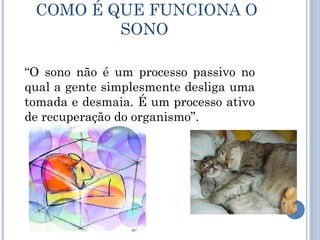 COMO É QUE FUNCIONA O
         SONO

“O sono não é um processo passivo no
qual a gente simplesmente desliga uma
tomada e desmaia. É um processo ativo
de recuperação do organismo”.
 