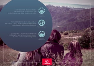 Sistema com multicamadas
de densidade progressiva que
permite postura ideal durante o sono.
Possibilidade de criar um produto
exclusivo, capaz de atender necessidades
especí cas e diferentes biotipos.
Espuma anti-ácaro recortada com
ondulações que proporcionam maior
uidez à circulação sanguínea.
 