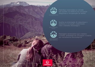 Pastilhas conectadas ao colchão
que ajudam na melhora da circulação
sanguínea e recuperação de lesões.
Auxilia na eliminação de impurezas e
melhora a circulação, colaborando
com o sistema imunológico.
Massagem estimulante que combate
o stress, problemas de circulação e auxilia
em tratamentos sioterápicos.
 