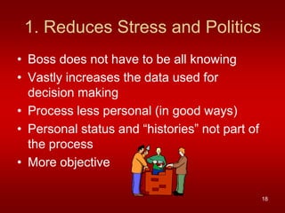 1. Reduces Stress and Politics
• Boss does not have to be all knowing
• Vastly increases the data used for
  decision making
• Process less personal (in good ways)
• Personal status and “histories” not part of
  the process
• More objective

                                                18
 