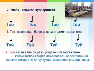 2. Үлээх - амьсгаа хуваарилалт
Түй Түй Түй Түй
2. Түй- гэсэн авиа ба үеэр дээд өнгийг гаргаж өгнө.
Ингэж тоглох явцдаа амьсгааг аль болох багшийн
тавьсан тэмдэгийн дагуу тухайн зохиолоос хамаарч авна.
Тоо Тоо Тоо Тоо
1. Тоо- гэсэн авиа ба үеэр доод эгшгийг гаргаж өгнө
 