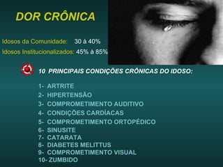 DOR CRÔNICA
Idosos da Comunidade: 30 à 40%
Idosos Institucionalizados: 45% à 85%
10 PRINCIPAIS CONDIÇÕES CRÔNICAS DO IDOSO:
1- ARTRITE
2- HIPERTENSÃO
3- COMPROMETIMENTO AUDITIVO
4- CONDIÇÕES CARDÍACAS
5- COMPROMETIMENTO ORTOPÉDICO
6- SINUSITE
7- CATARATA
8- DIABETES MELITTUS
9- COMPROMETIMENTO VISUAL
10- ZUMBIDO
 