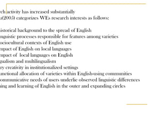 Research activity has increased substantially Kachru(2005) categorizes WEs research interests as follows: the historical background to the spread of English the linguistic processes responsible for features among varieties the sociocultural contexts of English use the impact of English on local languages the impact of  local languages on English bilingualism and multilingualism literary creativity in institutionalized settings the functional allocation of varieties within English-using communities the communicative needs of users underlie observed linguistic differences teaching and learning of English in the outer and expanding circles 