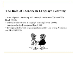 The Role of Identity in Language Learning issues of power, ownership and identity into equation-Norton(1997), Block (2003); identity and investment in language learning-Norton (2000);  identity and voice-Kramsh and Lam(1999); development of hybrid English speaker identity- Lin, Wang, Nobuhiko and Mehdi (20002) 