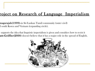 Project on Research of Language  Imperialism Canagarajah(1999)- in Sri Lankan Tamil community (outer circl)  and south Korea and Vietnam (expanding circle). He supports the idea that linguistic imperialism is given and considers how to resist it Brutt-Griffler(2000 )  doesn't believe that it has a major role in the spread of English.  