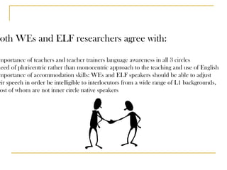 Both WEs and ELF researchers agree with: importance of teachers and teacher trainers language awareness in all 3 circles need of pluricentric rather than monocentric approach to the teaching and use of English importance of accommodation skills: WEs and ELF speakers should be able to adjust  their speech in order be intelligible to interlocutors from a wide range of L1 backgrounds, most of whom are not inner circle native speakers 