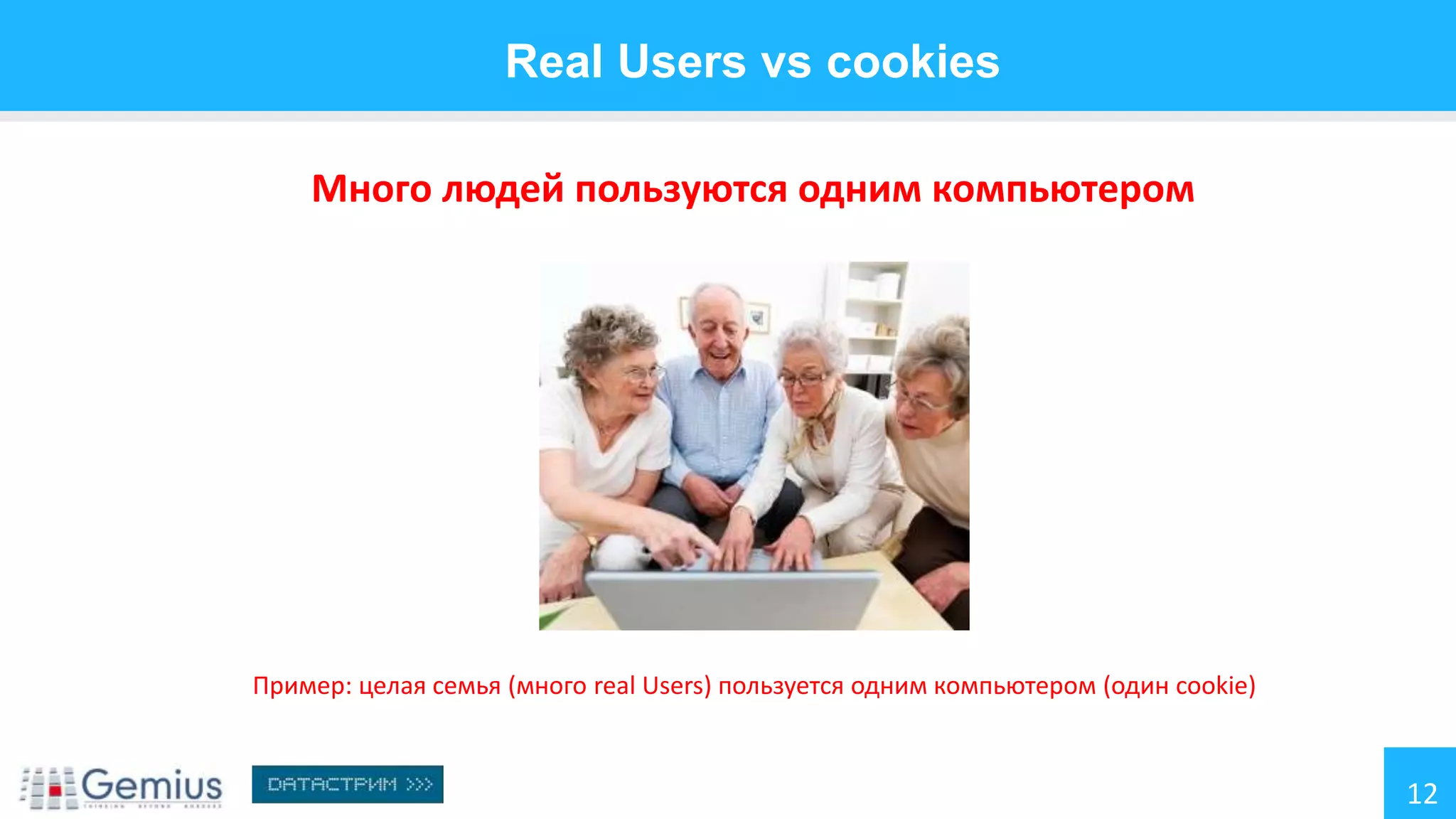Real Users vs cookies
Много людей пользуются одним компьютером

Пример: целая семья (много real Users) пользуется одним компьютером (один cookie)

12

 