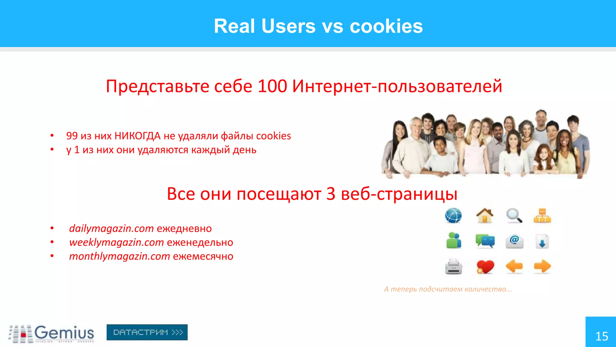 Real Users vs cookies
Представьте себе 100 Интернет-пользователей
•
•

99 из них НИКОГДА не удаляли файлы cookies
у 1 из них они удаляются каждый день

Все они посещают 3 веб-страницы
•
•
•

dailymagazin.com ежедневно
weeklymagazin.com еженедельно
monthlymagazin.com ежемесячно
А теперь подсчитаем количество...

15

 