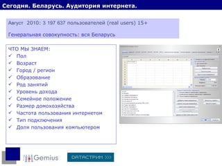 Сегодня. Беларусь. Аудитория интернета. ЧТО МЫ ЗНАЕМ: Пол Возраст Город / регион Образование Род занятий Уровень дохода Семейное положение Размер домохозяйства Частота пользования интернетом Тип подключения Доля пользования компьютером Август   20 1 0:  3   197   637  пользователей ( real users) 15+ Генеральная совокупность: вся Беларусь 