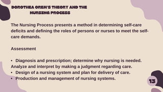 13
DOROTHEA OREM'S THEORY AND THE
NURSING PROCESS
The Nursing Process presents a method in determining self-care
deficits and defining the roles of persons or nurses to meet the self-
care demands.
Assessment
• Diagnosis and prescription; determine why nursing is needed.
Analyze and interpret by making a judgment regarding care.
• Design of a nursing system and plan for delivery of care.
• Production and management of nursing systems.
 