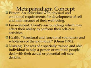 Metaparadigm Concept Person: An individual with physical and emotional requirements for development of self and maintenance of their well-being. Environment: Client’s surroundings which may affect their ability to perform their self-care activities. Health: “Structural and functional soundness and wholeness of the individual” (Orem 1991). Nursing: The acts of a specially trained and able individual to help a person or multiple people deal with their actual or potential self-care deficits. 