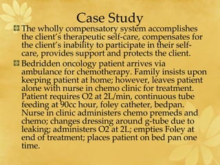 Case Study The wholly compensatory system accomplishes the client’s therapeutic self-care, compensates for the client’s inability to participate in their self-care, provides support and protects the client.  Bedridden oncology patient arrives via ambulance for chemotherapy. Family insists upon keeping patient at home; however, leaves patient alone with nurse in chemo clinic for treatment. Patient requires O2 at 2L/min, continuous tube feeding at 90cc hour, foley catheter, bedpan. Nurse in clinic administers chemo premeds and chemo; changes dressing around g-tube due to leaking; administers O2 at 2L; empties Foley at end of treatment; places patient on bed pan one time.  