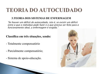 Classifica em três situações, sendo:
- Totalmente compensatório
- Parcialmente compensatório;
- Sistema de apoio-educação.
3.TEORIA DOS SISTEMAS DE ENFERMAGEM
“Se houver um déficit de autocuidado, isto é, se existir um déficit
entre o que o individuo pode fazer e o que precisa ser feito para o
funcionamento ideal, a enfermagem é exigida.”
 
