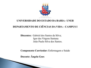 Discentes: Gabriel dos Santos da Silva;
Igor das Virgens Santana
João Paulo Silva dos Santos.
Componente Curricular: Enfermagem e Saúde
Docente: Ângela Goes
UNIVERSIDADE DO ESTADO DA BAHIA - UNEB
DEPARTAMENTO DE CIÊNCIAS DA VIDA – CAMPUS I
 