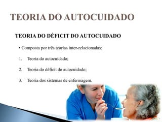TEORIA DO DÉFICIT DO AUTOCUIDADO
• Composta por três teorias inter-relacionadas:
1. Teoria do autocuidado;
2. Teoria do déficit do autocuidado;
3. Teoria dos sistemas de enfermagem.
 