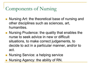 Components of NursingNursing Art: the theoretical base of nursing and other disciplines such as sciences, art, humanities.Nursing Prudence: the quality that enables the nurse to seek advice in new or difficult situations, to make correct judgements, to decide to act in a particular manner, and/or to act.Nursing Service: a helping serviceNursing Agency: the ability of RN.