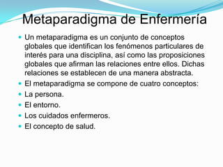 Metaparadigma de Enfermería
 Un metaparadigma es un conjunto de conceptos
    globales que identifican los fenómenos particulares de
    interés para una disciplina, así como las proposiciones
    globales que afirman las relaciones entre ellos. Dichas
    relaciones se establecen de una manera abstracta.
   El metaparadigma se compone de cuatro conceptos:
   La persona.
   El entorno.
   Los cuidados enfermeros.
   El concepto de salud.
 