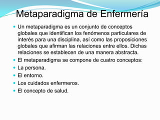 Metaparadigma de Enfermería
 Un metaparadigma es un conjunto de conceptos
    globales que identifican los fenómenos part...