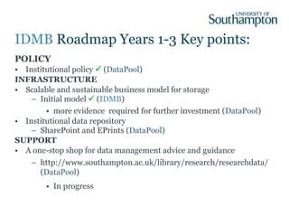 IDMB Roadmap Years 1-3 Key points:
POLICY
• Institutional policy  (DataPool)
INFRASTRUCTURE
• Scalable and sustainable bu...