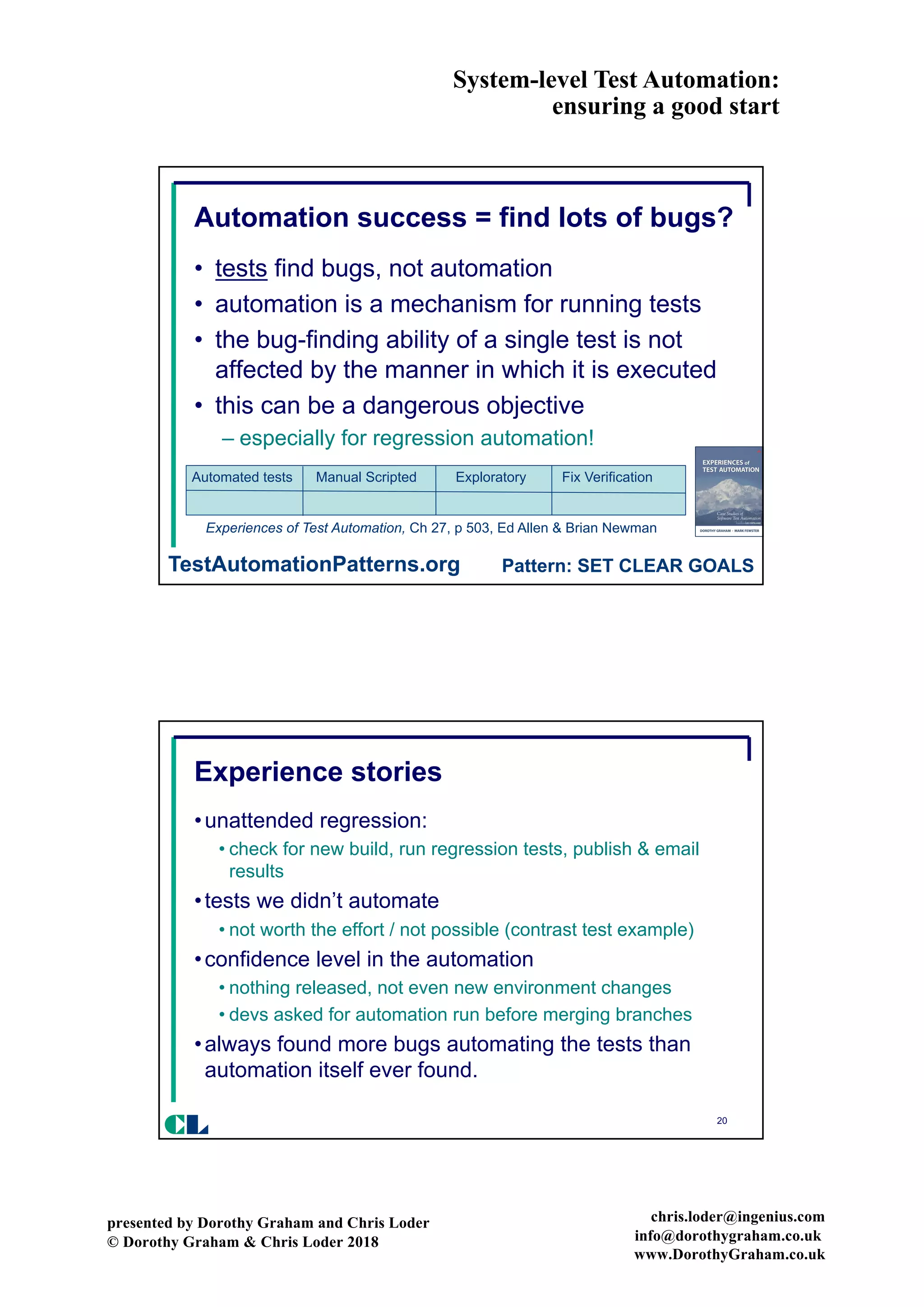 System-level Test Automation:
ensuring a good start
presented by Dorothy Graham and Chris Loder
© Dorothy Graham & Chris Loder 2018
chris.loder@ingenius.com
info@dorothygraham.co.uk
www.DorothyGraham.co.uk
19
Automation success = find lots of bugs?
• tests find bugs, not automation
• automation is a mechanism for running tests
• the bug-finding ability of a single test is not
affected by the manner in which it is executed
• this can be a dangerous objective
– especially for regression automation!
Automated tests Manual Scripted Exploratory Fix Verification
Experiences of Test Automation, Ch 27, p 503, Ed Allen & Brian Newman
Pattern: SET CLEAR GOALSTestAutomationPatterns.org
20
Experience stories
•unattended regression:
• check for new build, run regression tests, publish & email
results
•tests we didn’t automate
• not worth the effort / not possible (contrast test example)
•confidence level in the automation
• nothing released, not even new environment changes
• devs asked for automation run before merging branches
•always found more bugs automating the tests than
automation itself ever found.
CL
 