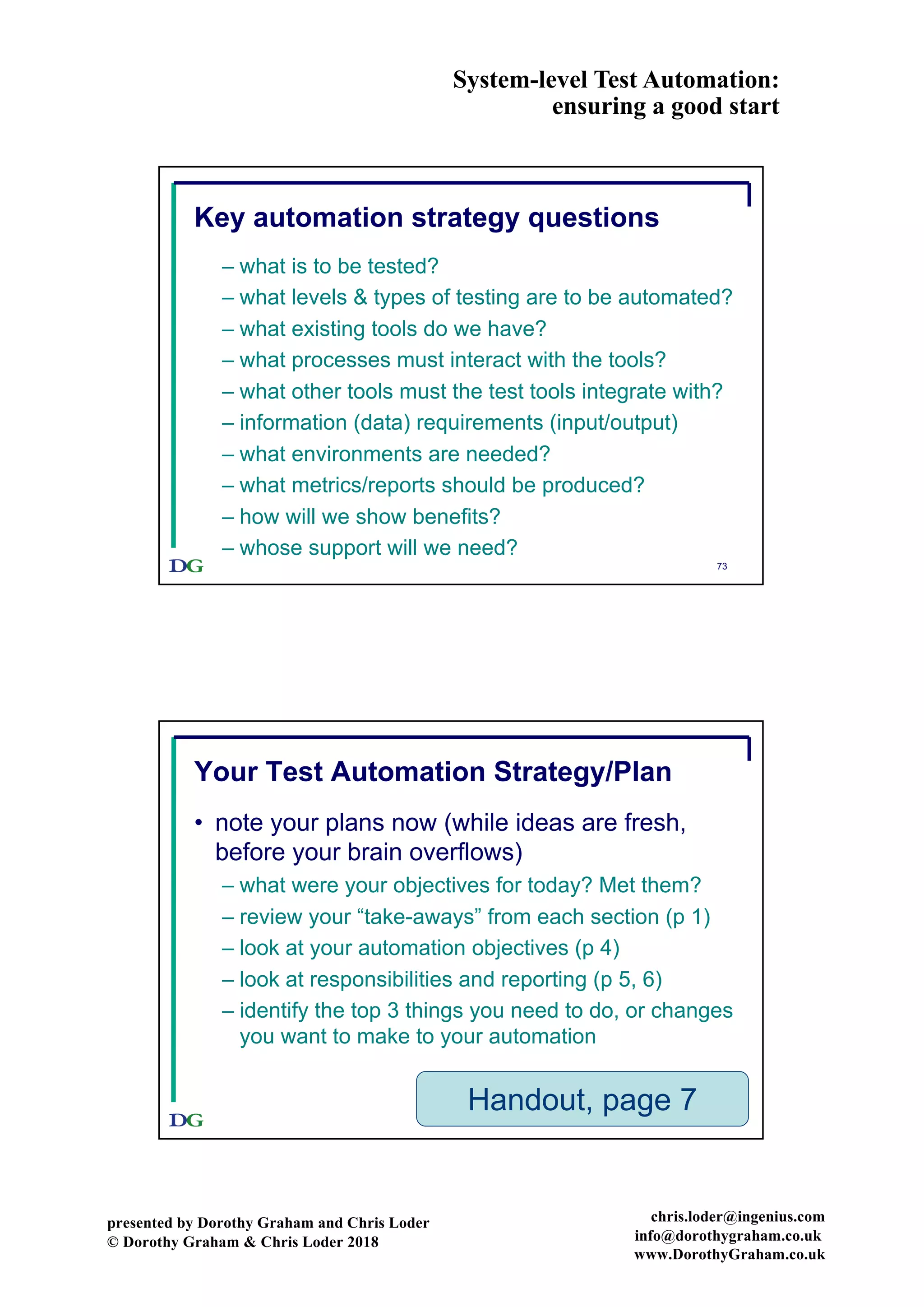 System-level Test Automation:
ensuring a good start
presented by Dorothy Graham and Chris Loder
© Dorothy Graham & Chris Loder 2018
chris.loder@ingenius.com
info@dorothygraham.co.uk
www.DorothyGraham.co.uk
73
Key automation strategy questions
– what is to be tested?
– what levels & types of testing are to be automated?
– what existing tools do we have?
– what processes must interact with the tools?
– what other tools must the test tools integrate with?
– information (data) requirements (input/output)
– what environments are needed?
– what metrics/reports should be produced?
– how will we show benefits?
– whose support will we need?
74
Your Test Automation Strategy/Plan
• note your plans now (while ideas are fresh,
before your brain overflows)
– what were your objectives for today? Met them?
– review your “take-aways” from each section (p 1)
– look at your automation objectives (p 4)
– look at responsibilities and reporting (p 5, 6)
– identify the top 3 things you need to do, or changes
you want to make to your automation
Handout, page 7
 