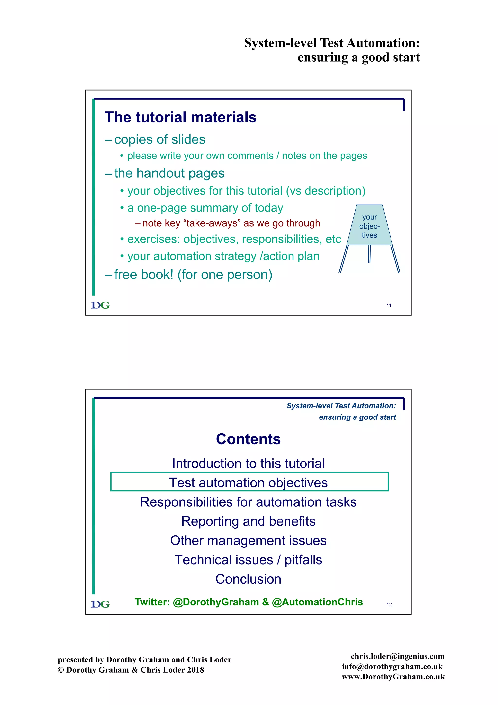 System-level Test Automation:
ensuring a good start
presented by Dorothy Graham and Chris Loder
© Dorothy Graham & Chris Loder 2018
chris.loder@ingenius.com
info@dorothygraham.co.uk
www.DorothyGraham.co.uk
11
The tutorial materials
–copies of slides
• please write your own comments / notes on the pages
–the handout pages
• your objectives for this tutorial (vs description)
• a one-page summary of today
– note key “take-aways” as we go through
• exercises: objectives, responsibilities, etc
• your automation strategy /action plan
–free book! (for one person)
your
objec-
tives
12
Contents
Introduction to this tutorial
Test automation objectives
Responsibilities for automation tasks
Reporting and benefits
Other management issues
Technical issues / pitfalls
Conclusion
System-level Test Automation:
ensuring a good start
Twitter: @DorothyGraham & @AutomationChris
 