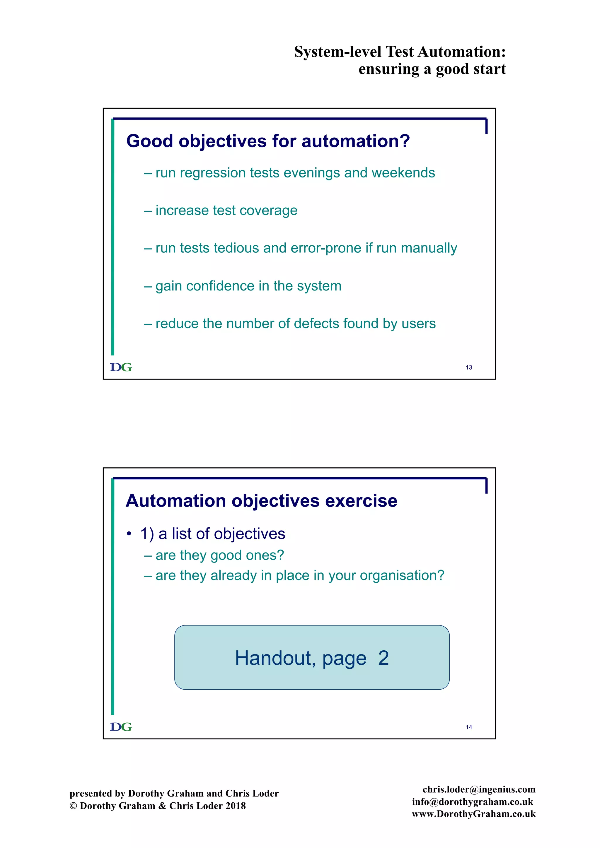 System-level Test Automation:
ensuring a good start
presented by Dorothy Graham and Chris Loder
© Dorothy Graham & Chris Loder 2018
chris.loder@ingenius.com
info@dorothygraham.co.uk
www.DorothyGraham.co.uk
13
Good objectives for automation?
– run regression tests evenings and weekends
– increase test coverage
– run tests tedious and error-prone if run manually
– gain confidence in the system
– reduce the number of defects found by users
14
Automation objectives exercise
• 1) a list of objectives
– are they good ones?
– are they already in place in your organisation?
Handout, page 2
 