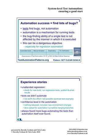 System-level Test Automation:
ensuring a good start
presented by Dorothy Graham and Chris Loder
© Dorothy Graham & Chris Loder 2018
chris.loder@ingenius.com
info@dorothygraham.co.uk
www.DorothyGraham.co.uk
19
Automation success = find lots of bugs?
• tests find bugs, not automation
• automation is a mechanism for running tests
• the bug-finding ability of a single test is not
affected by the manner in which it is executed
• this can be a dangerous objective
– especially for regression automation!
Automated tests Manual Scripted Exploratory Fix Verification
Experiences of Test Automation, Ch 27, p 503, Ed Allen & Brian Newman
Pattern: SET CLEAR GOALSTestAutomationPatterns.org
20
Experience stories
•unattended regression:
• check for new build, run regression tests, publish & email
results
•tests we didn’t automate
• not worth the effort / not possible (contrast test example)
•confidence level in the automation
• nothing released, not even new environment changes
• devs asked for automation run before merging branches
•always found more bugs automating the tests than
automation itself ever found.
CL
 
