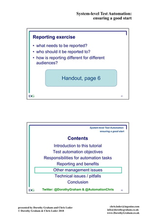 System-level Test Automation:
ensuring a good start
presented by Dorothy Graham and Chris Loder
© Dorothy Graham & Chris Loder 2018
chris.loder@ingenius.com
info@dorothygraham.co.uk
www.DorothyGraham.co.uk
41
Reporting exercise
• what needs to be reported?
• who should it be reported to?
• how is reporting different for different
audiences?
Handout, page 6
42
Contents
Introduction to this tutorial
Test automation objectives
Responsibilities for automation tasks
Reporting and benefits
Other management issues
Technical issues / pitfalls
Conclusion
System-level Test Automation:
ensuring a good start
Twitter: @DorothyGraham & @AutomationChris
 