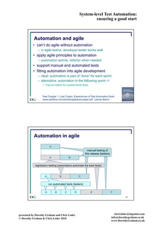 System-level Test Automation:
ensuring a good start
presented by Dorothy Graham and Chris Loder
© Dorothy Graham & Chris Loder 2018
chris.loder@ingenius.com
info@dorothygraham.co.uk
www.DorothyGraham.co.uk
45
Automation and agile
• can’t do agile without automation
– in agile teams, developer-tester works well
• apply agile principles to automation
– automation sprints, refactor when needed
• support manual and automated tests
• fitting automation into agile development
– ideal: automation is part of “done” for each sprint
– alternative: automation in the following sprint ->
• may be better for system level tests
See Chapter 1, Lisa Crispin, Experiences of Test Automation book,
www.satisfice.com/articles/agileauto-paper.pdf (James Bach)
46
Automation in agile
A
manual testing of
this release (testers)
A B
B CA
FEDCBA
regression testing (automators automate the best tests)
run automated tests (testers)
 