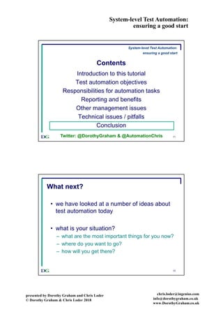 System-level Test Automation:
ensuring a good start
presented by Dorothy Graham and Chris Loder
© Dorothy Graham & Chris Loder 2018
chris.loder@ingenius.com
info@dorothygraham.co.uk
www.DorothyGraham.co.uk
71
Contents
Introduction to this tutorial
Test automation objectives
Responsibilities for automation tasks
Reporting and benefits
Other management issues
Technical issues / pitfalls
Conclusion
Twitter: @DorothyGraham & @AutomationChris
System-level Test Automation:
ensuring a good start
72
What next?
• we have looked at a number of ideas about
test automation today
• what is your situation?
– what are the most important things for you now?
– where do you want to go?
– how will you get there?
 