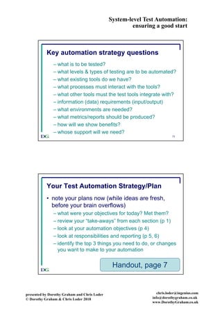 System-level Test Automation:
ensuring a good start
presented by Dorothy Graham and Chris Loder
© Dorothy Graham & Chris Loder 2018
chris.loder@ingenius.com
info@dorothygraham.co.uk
www.DorothyGraham.co.uk
73
Key automation strategy questions
– what is to be tested?
– what levels & types of testing are to be automated?
– what existing tools do we have?
– what processes must interact with the tools?
– what other tools must the test tools integrate with?
– information (data) requirements (input/output)
– what environments are needed?
– what metrics/reports should be produced?
– how will we show benefits?
– whose support will we need?
74
Your Test Automation Strategy/Plan
• note your plans now (while ideas are fresh,
before your brain overflows)
– what were your objectives for today? Met them?
– review your “take-aways” from each section (p 1)
– look at your automation objectives (p 4)
– look at responsibilities and reporting (p 5, 6)
– identify the top 3 things you need to do, or changes
you want to make to your automation
Handout, page 7
 