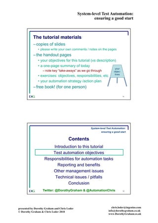 System-level Test Automation:
ensuring a good start
presented by Dorothy Graham and Chris Loder
© Dorothy Graham & Chris Loder 2018
chris.loder@ingenius.com
info@dorothygraham.co.uk
www.DorothyGraham.co.uk
11
The tutorial materials
–copies of slides
• please write your own comments / notes on the pages
–the handout pages
• your objectives for this tutorial (vs description)
• a one-page summary of today
– note key “take-aways” as we go through
• exercises: objectives, responsibilities, etc
• your automation strategy /action plan
–free book! (for one person)
your
objec-
tives
12
Contents
Introduction to this tutorial
Test automation objectives
Responsibilities for automation tasks
Reporting and benefits
Other management issues
Technical issues / pitfalls
Conclusion
System-level Test Automation:
ensuring a good start
Twitter: @DorothyGraham & @AutomationChris
 