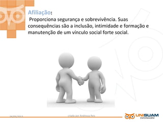 Afiliação:
Proporciona segurança e sobrevivência. Suas
consequências são a inclusão, intimidade e formação e
manutenção de um vínculo social forte social.
criado por Andressa Reis04/05/2013 11
 
