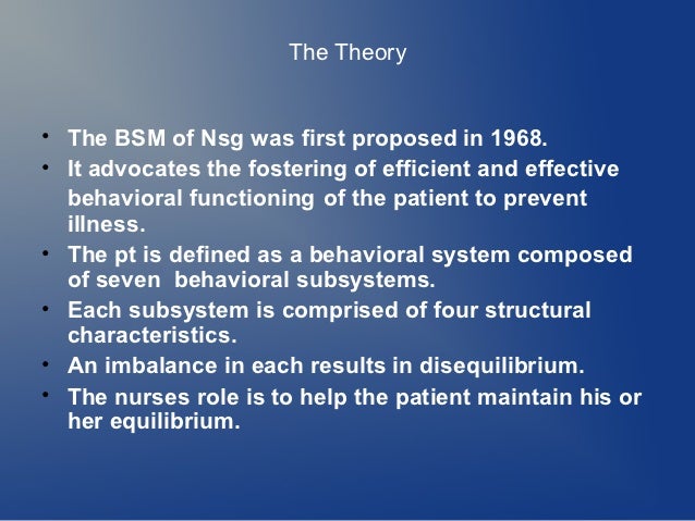 dorothy johnson s theory Health behavioral model: dorothy johnson's belief that medicine and nursing were two distinct disciplines and that research-based knowledge was needed to study the effect of nursing care on patients led her to develop the behavior system model of nursing. dorothy johnson s theory Health behavioral model: dorothy johnson's belief that medicine and nursing were two distinct disciplines and that research-based knowledge was needed to study the effect of nursing care on patients led her to develop the behavior system model of nursing.