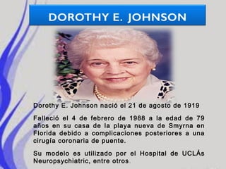 Dorothy E. Johnson nació el 21 de agosto de 1919
Falleció el 4 de febrero de 1988 a la edad de 79
años en su casa de la playa nueva de Smyrna en
Florida debido a complicaciones posteriores a una
cirugía coronaria de puente.
Su modelo es utilizado por el Hospital de UCLÁs
Neuropsychiatric, entre otros .

 