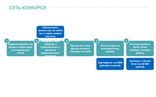 СУТЬ КОНКУРСА
1
Зарегестрируйся на
проекте через одну
из социальных
сетей
2 Придумай свой
лайфхак и
опубликуй его с
одним из
предложенных
хэштегов
3
Пускай все твои
друзья активно
голосуют за тебя
Публиковать
можно как на сайте
так и через любую
соц сеть
Сертификат на 3000
рублей в Lamoda
4
Получи один из
еженедельных
призов
Шоппинг с Катей
Клэп на 30 000
рублей
5
В конце проекта
Катя лично
выберет лучшую
работу
 