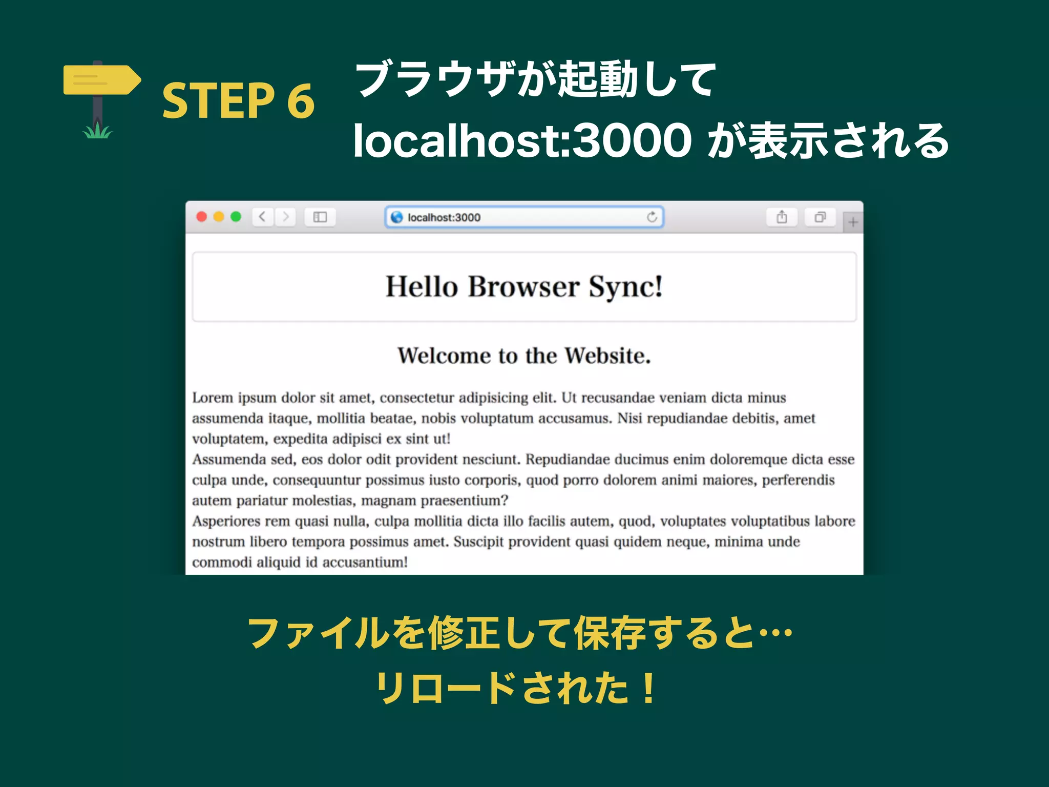 STEP 6 ブラウザが起動して
localhost:3000 が表示される
ファイルを修正して保存すると…
リロードされた！
 