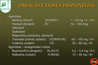 DROGAS E DOSES DISPONÍVEIS

    Agonistas
    - Morfina (dimorf)          SC/IM/EV       1 – 10 mg / 4 – 8 h
    - Fentanil (fentanil)       EV             10 – 100 mcg
    - Alfentanil
    - Sufentanil
    - Meperidina (dolantina, demerol)
    - Tramadol (tramal, sylador) VO/IM/IV/SC    50 – 100 mg / 4 h
    - Codeína (codein)              VO          30 – 60 mg / 4h
    Agonistas – antagonistas mistos
    - Buprenorfina (tengesic)     SL/SC/IV      0,2 – 0,4 mg / 6 h
    - Nalbufina (nubain)           IV/IM/SC     10 – 40 mg / 4h

                                                               DOR
 