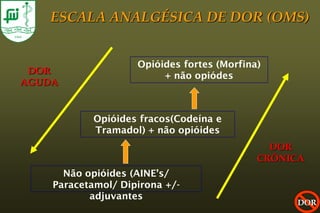 ESCALA ANALGÉSICA DE DOR (OMS)


                    Opióides fortes (Morfina)
 DOR
                         + não opiódes
AGUDA


            Opióides fracos(Codeína e
            Tramadol) + não opióides
                                              DOR
                                            CRÔNICA
      Não opióides (AINE’s/
    Paracetamol/ Dipirona +/-
           adjuvantes
                                                 DOR
 