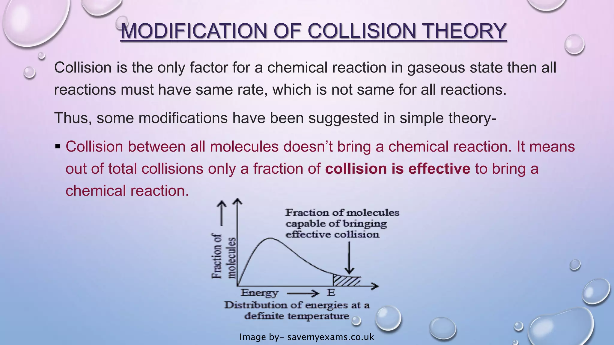 MODIFICATION OF COLLISION THEORY
Collision is the only factor for a chemical reaction in gaseous state then all
reactions must have same rate, which is not same for all reactions.
Thus, some modifications have been suggested in simple theory-
 Collision between all molecules doesn’t bring a chemical reaction. It means
out of total collisions only a fraction of collision is effective to bring a
chemical reaction.
Image by- savemyexams.co.uk
 