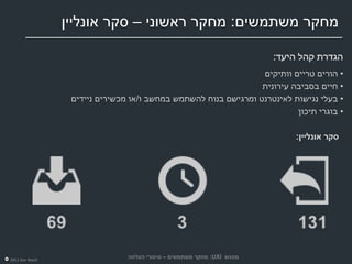 ‫מחקר משתמשים: מחקר ראשוני – סקר אונליין‬

                                                                        ‫הגדרת קהל היעד:‬
                                                                 ‫• הורים טריים וותיקים‬
                                                                 ‫• חיים בסביבה עירונית‬
                  ‫• בעלי נגישות לאינטרנט ומרגישם בנוח להשתמש במחשב ו/או מכשירים ניידים‬
                                                                          ‫• בוגרי תיכון‬

                                                                            ‫סקר אונליין:‬




‫‪2011 Dor Reich‬‬
                                ‫מפגש ‪ :UXI‬מחקר משתמשים – סיפורי הצלחה‬
 