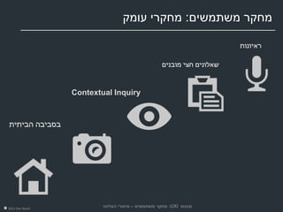 ‫מחקר משתמשים: מחקרי עומק‬

                                                                      ‫ראיונות‬

                                                 ‫שאלונים חצי מובנים‬


                 ‫‪Contextual Inquiry‬‬



‫בסביבה הביתית‬




‫‪2011 Dor Reich‬‬
                         ‫מפגש ‪ :UXI‬מחקר משתמשים – סיפורי הצלחה‬
 